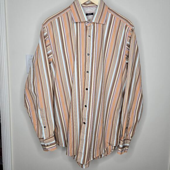 IKE BEHAR Trim Mens Striped Collared Button-Down Shirt Neck 17 Size Large - Picture 1 of 9